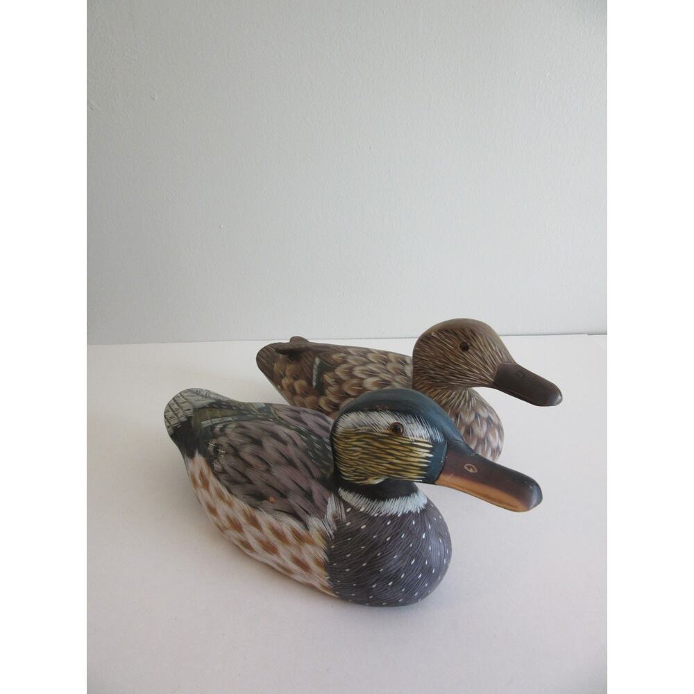 Two Vintage Signed by Two Different Artists Mallard Male and Female Duck Decoys